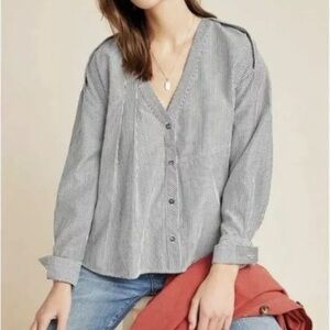 Navy/ White Striped Button Up Swing Blouse